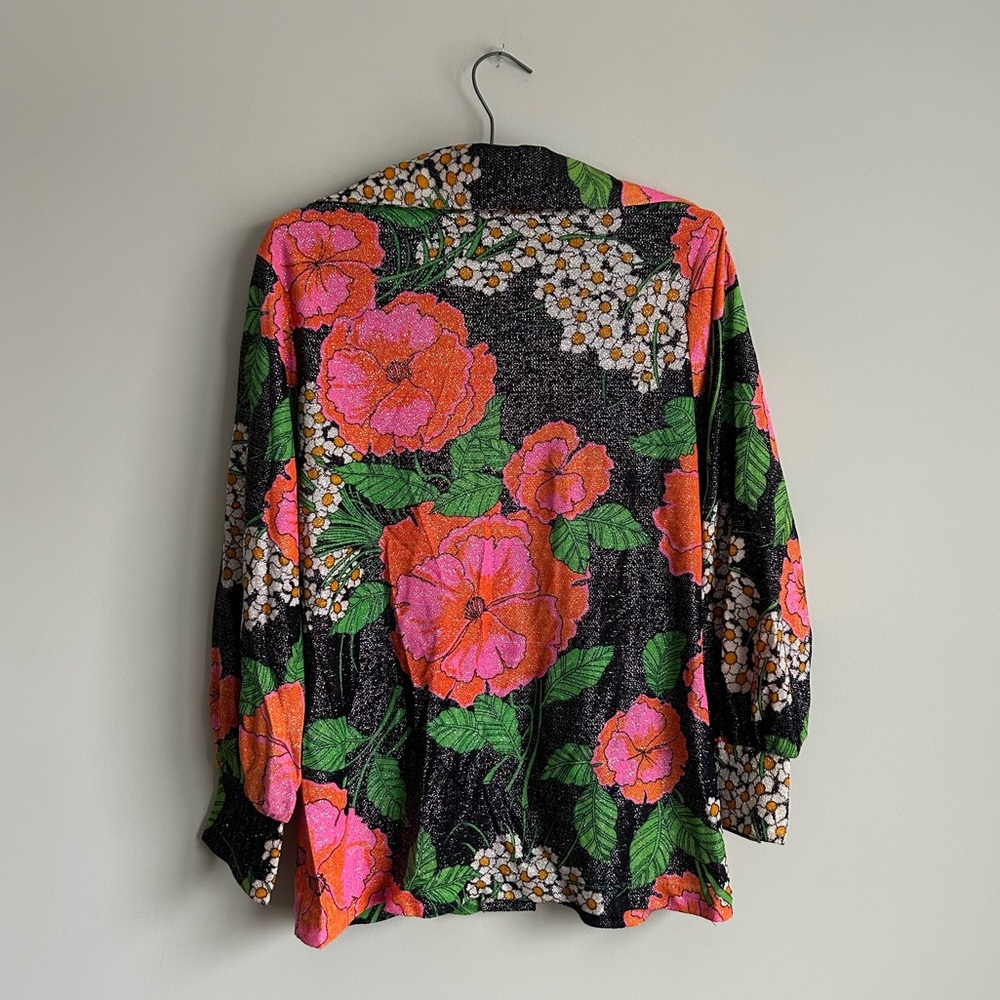 Vintage 70s Elaine Sklar Lingerie Co Metallic Floral Print 2 Piece Lounge Set M - Picture 3 of 11